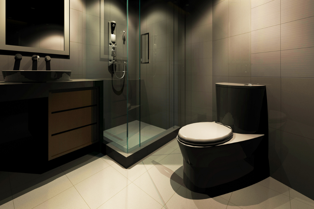 Salle de bain moderne : toilettes noires, douche en verre, vanité en bois, murs en carrelage gris.