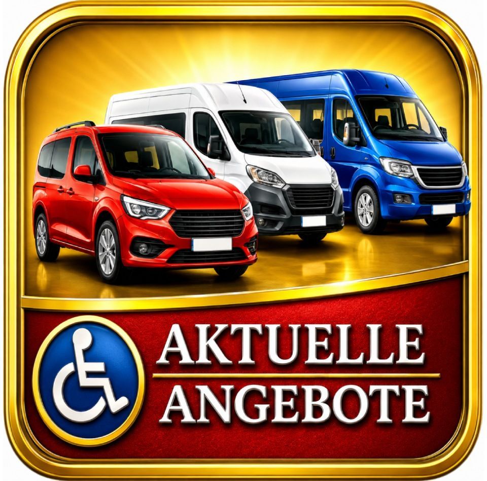 Rot-weiß-blaue Lieferwagen über „Aktuelle Angebote“ mit Symbol für Rollstuhlgerechtigkeit