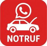 Rotes App-Symbol mit weißem WhatsApp-Logo auf einem Auto und dem Wort „NOTRUF“ darunter