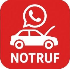 Rotes App-Symbol mit weißem WhatsApp-Logo auf einem Auto und dem Wort „NOTRUF“ darunter