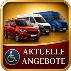 Rot-weiß-blaue Lieferwagen über „Aktuelle Angebote“ mit Symbol für Rollstuhlgerechtigkeit