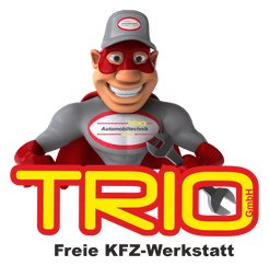 Smiling mechanic mascot above TRIO logo and “Freie KFZ-Werkstatt” text on white background