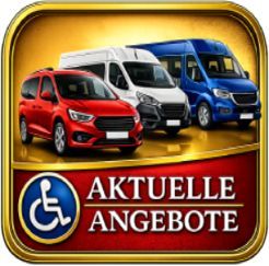 Rot-weiß-blaue Lieferwagen über „Aktuelle Angebote“ mit Symbol für Rollstuhlgerechtigkeit