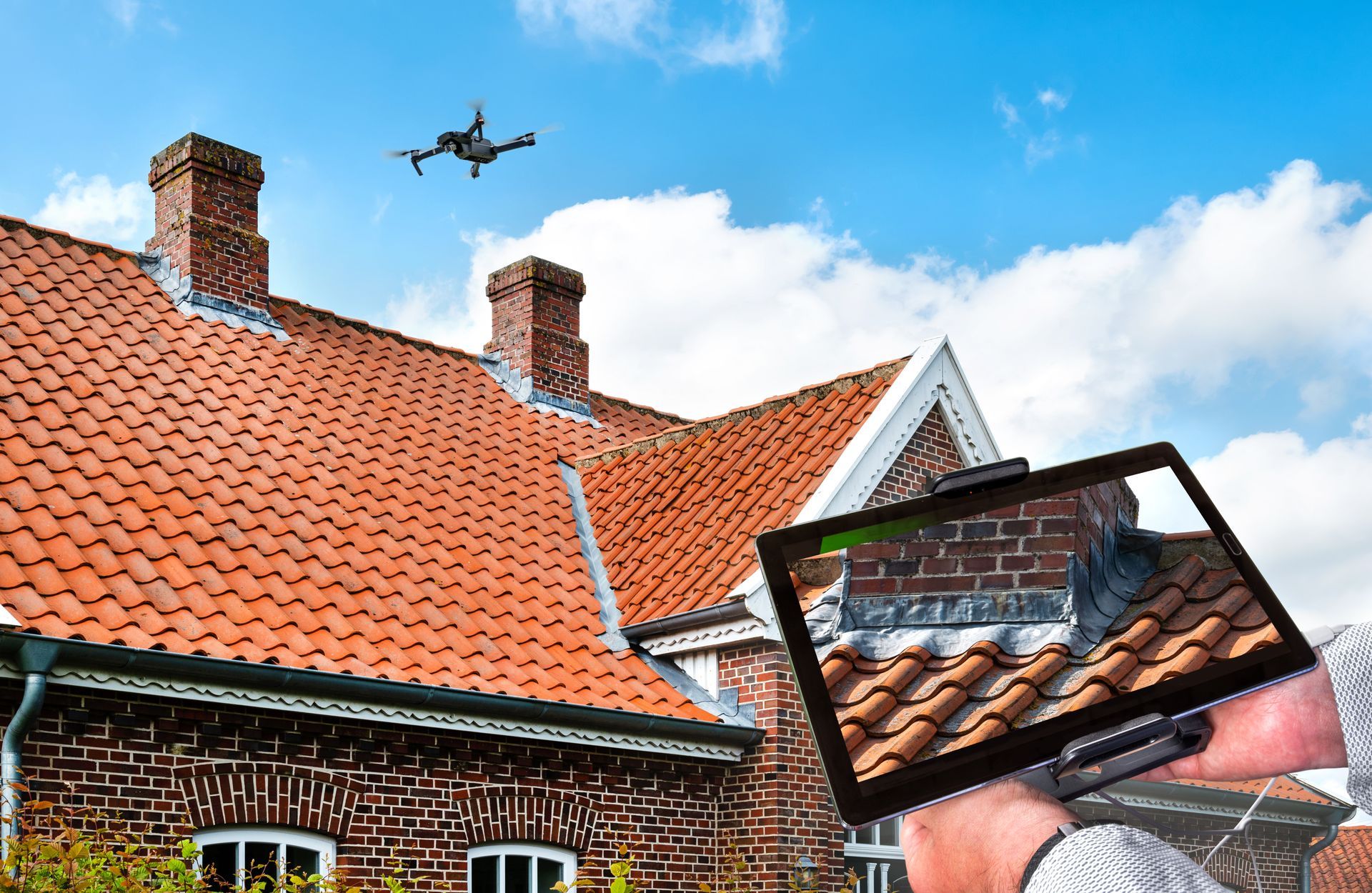 Une personne qui tient un écran pour contrôler un drone qui survole un toit