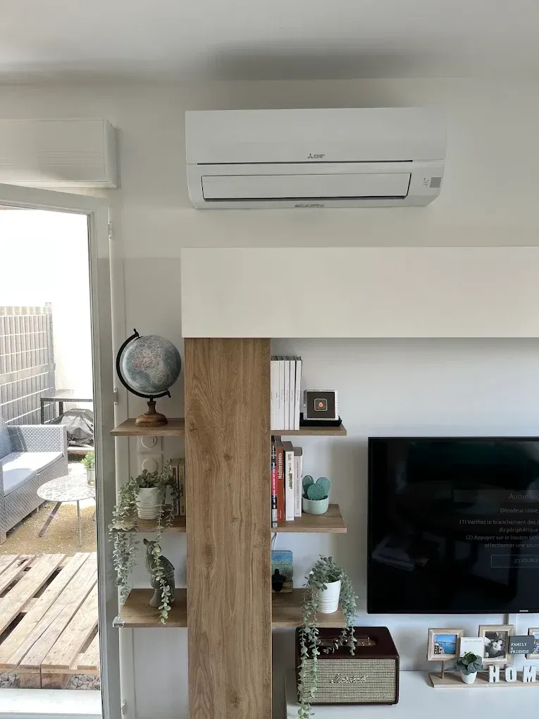 Un climatiseur mural est installé au-dessus d'une étagère où se trouvent un globe terrestre, des livres, des plantes et une télévision.