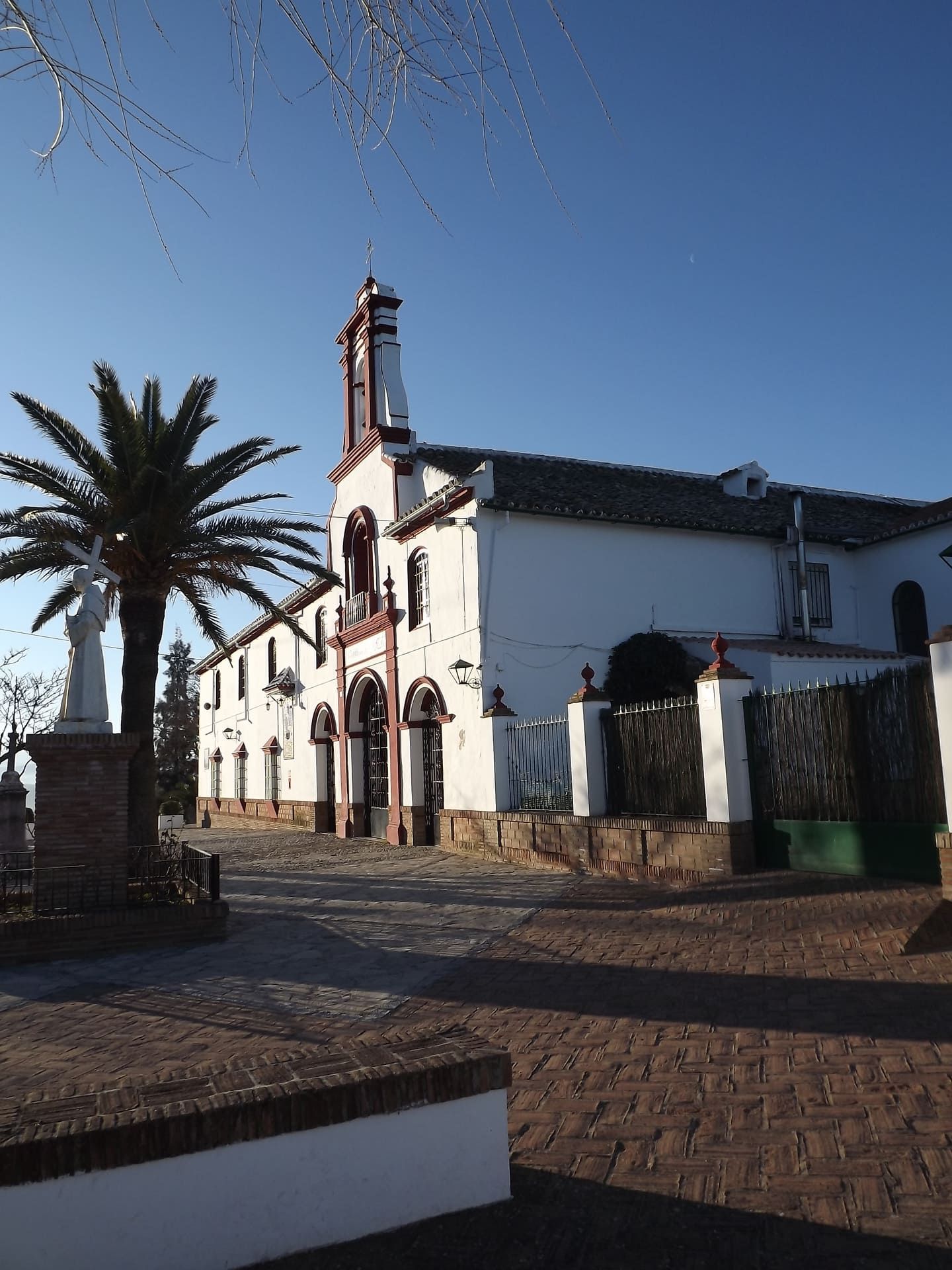 Un edificio blanco con una palmera delante.