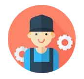 Un hombre con mono y sombrero sonríe en un círculo con engranajes.