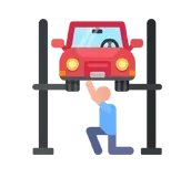 Un hombre está trabajando en un coche rojo en un elevador.