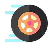 Una ilustración de dibujos animados de una rueda de automóvil sobre un fondo blanco.