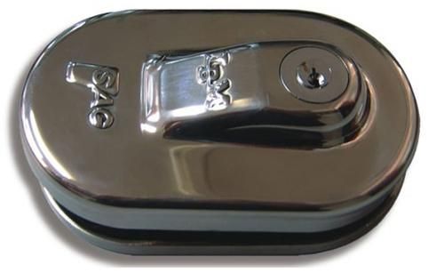 Manilla de puerta ovalada cromada brillante con cerradura sobre una base negra.