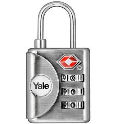 Candado de combinación Yale plateado con logotipo rojo y dial de tres números.