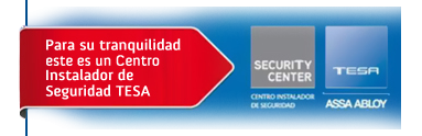 Banner rojo y azul de TESA Security Center con texto: “Centro Instalador de Seguridad TESA” y logo ASSA ABLOY.