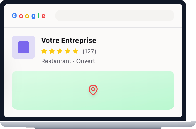 Résultat de recherche Google sur un ordinateur portable. Restaurant « Votre Entreprise ». 