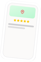 Smartphone affichant une épingle sur une carte, cinq étoiles dorées et des détails ; écran vert et blanc.