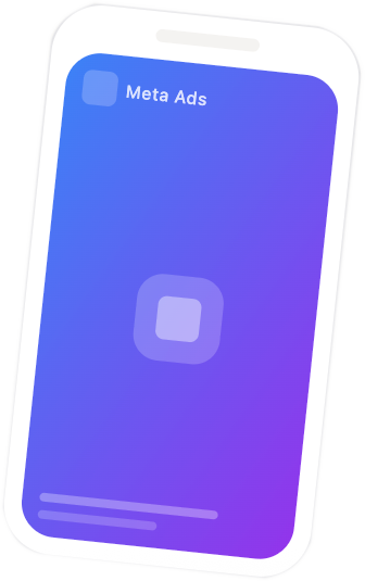 Téléphone mobile affichant l'interface Meta Ads, avec un fond dégradé bleu-violet et une icône carrée blanche.