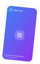 Téléphone mobile affichant l'interface Meta Ads, avec un fond dégradé bleu-violet et une icône carrée blanche.