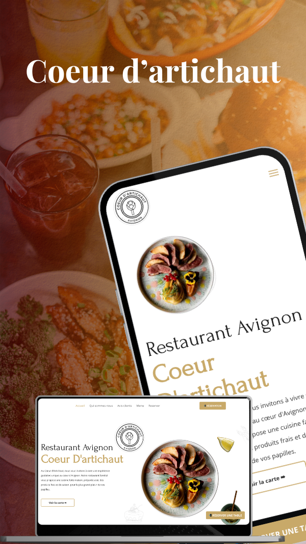 Restaurant «Coeur d'artichaut» avec écrans mobiles et de bureau affichant le logo, le menu et les plats.