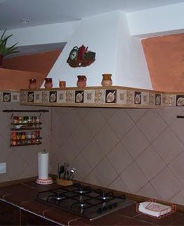 Placa de cocina bajo un protector contra salpicaduras de azulejos y estante decorativo