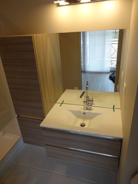 Meuble-lavabo moderne avec lavabo, miroir, armoires en bois et éclairage intégré.