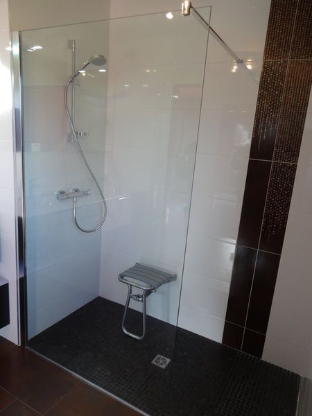 Douche accessible avec paroi en verre, pommeau de douche à main, siège mural et sol carrelé foncé.