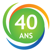 Logo de 40 ans avec un centre vert et des volutes circulaires bleues, oranges et vertes