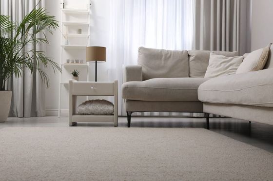 Sala de estar beige con sofá seccional, mesa auxiliar, lámpara, alfombra y ventana con cortinas.