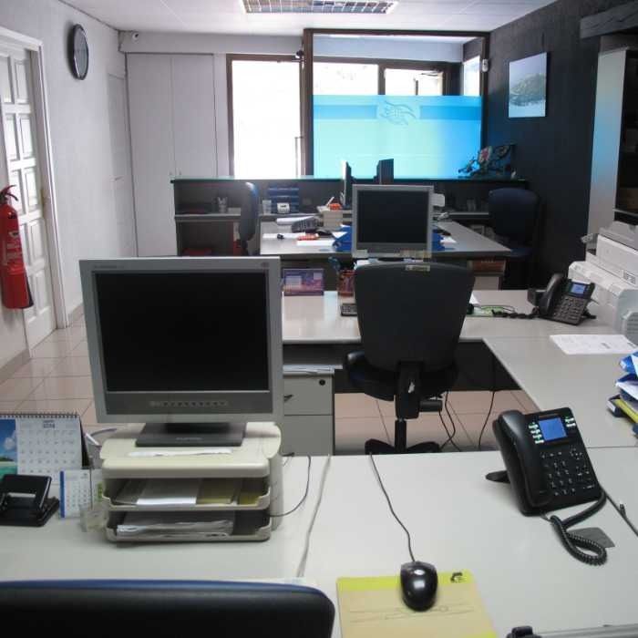 Un monitor de computadora se encuentra sobre un escritorio en una oficina.