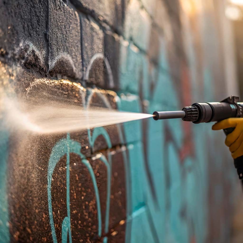 Jet haute pression sur mur tagué