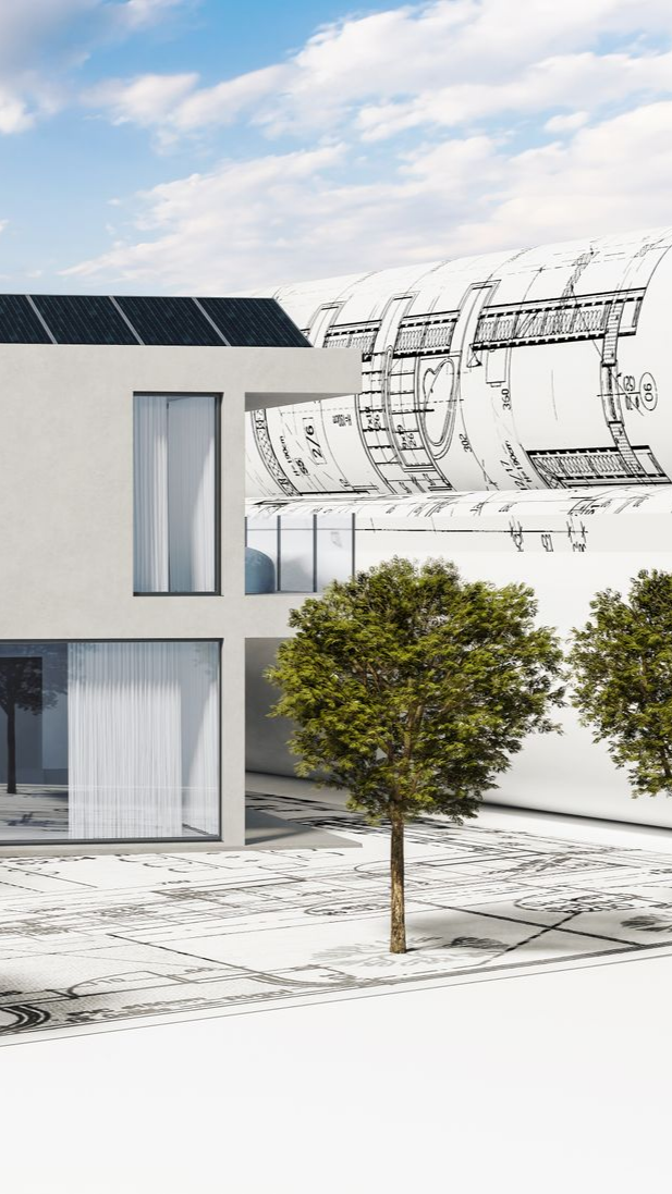 Maison blanche moderne avec des panneaux solaires, des arbres et une structure futuriste partiellement dessinée, sous un ciel bleu.