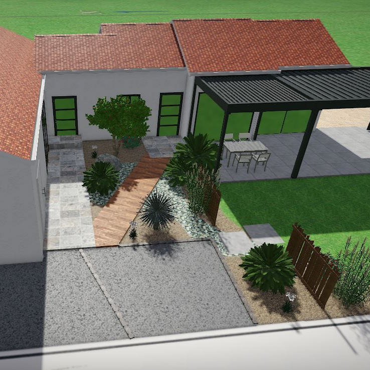 Rendu 3D de l'extérieur d'une maison moderne avec un patio, une pelouse et diverses plantes.