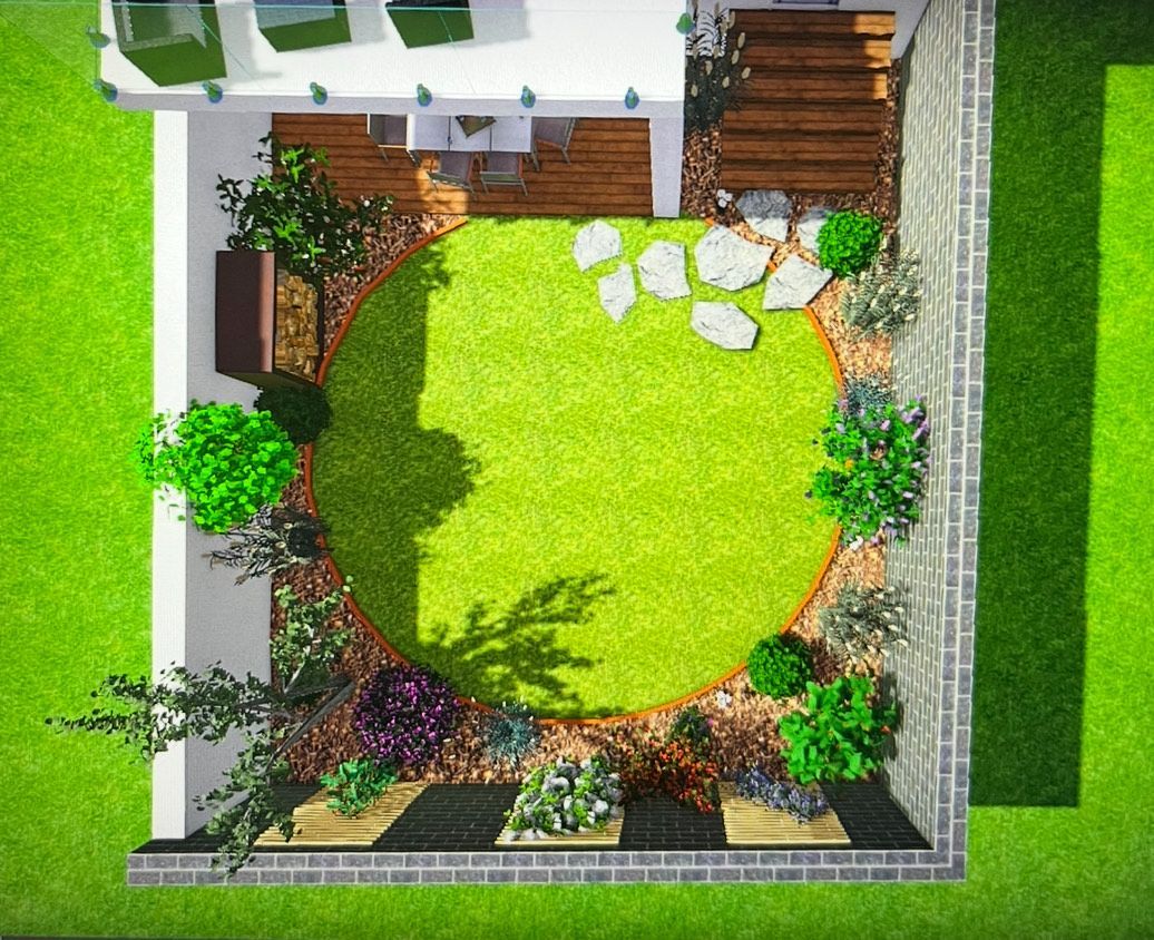 Bungalow blanc moderne avec portes en bois, verdure en pot et ciel couvert.