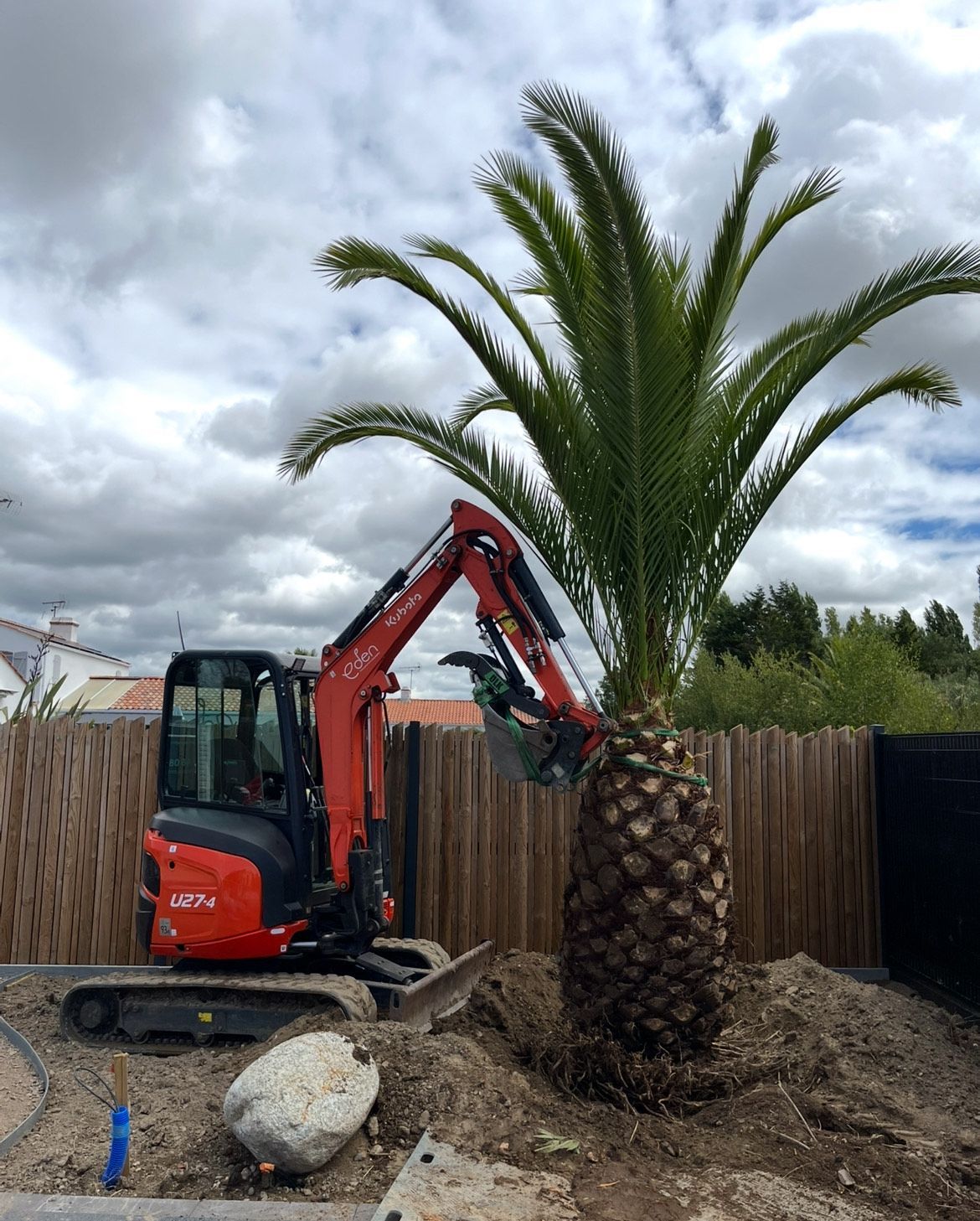 Un jardin de fleurs colorées devant un mur en rondins empilés.
