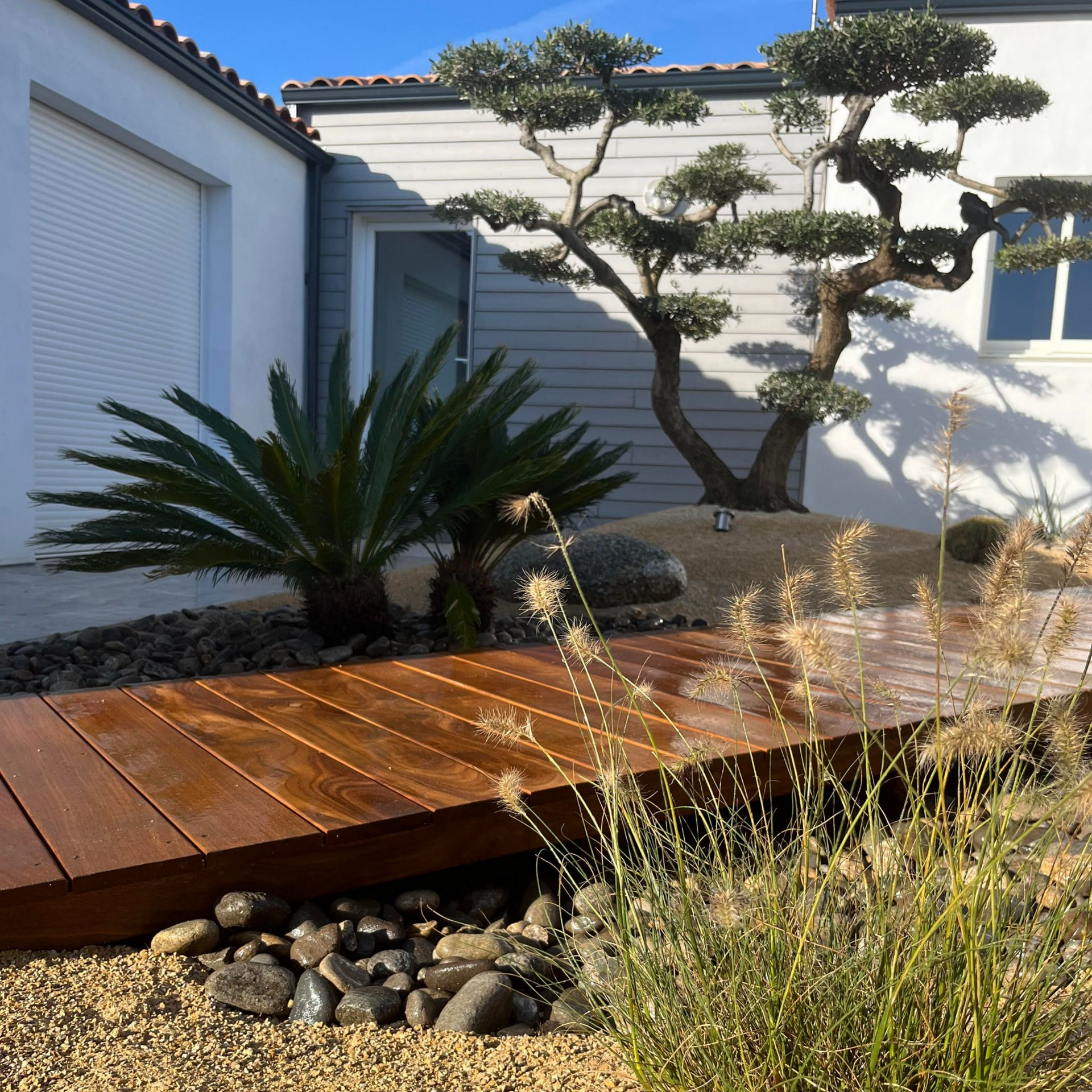 Pont en bois sur gravier, menant à un jardin avec un bonsaï et des palmiers, à côté d'une maison moderne.