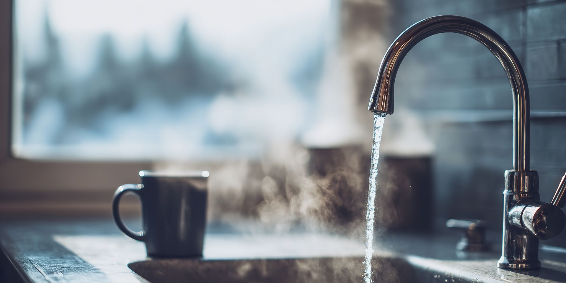 Eau chaude qui coule depuis un robinet avec une tasse en second plan