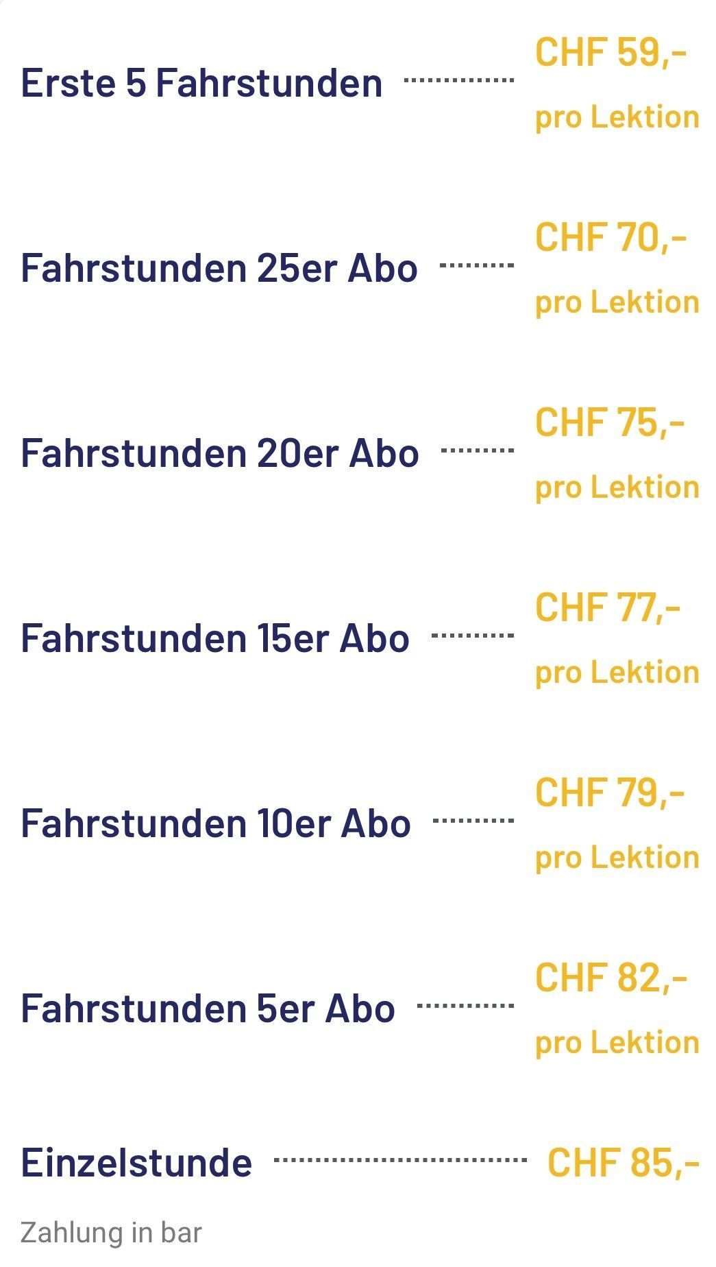 Eine Liste verschiedener Arten von Fahrstunden in einer Fremdsprache