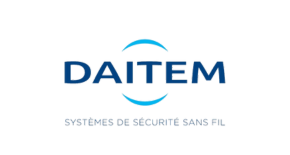 Un logo bleu et blanc pour daitem systèmes de sécurité sans fil