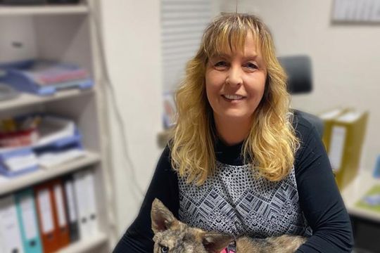 Eine Frau sitzt an einem Schreibtisch und hält einen Hund.