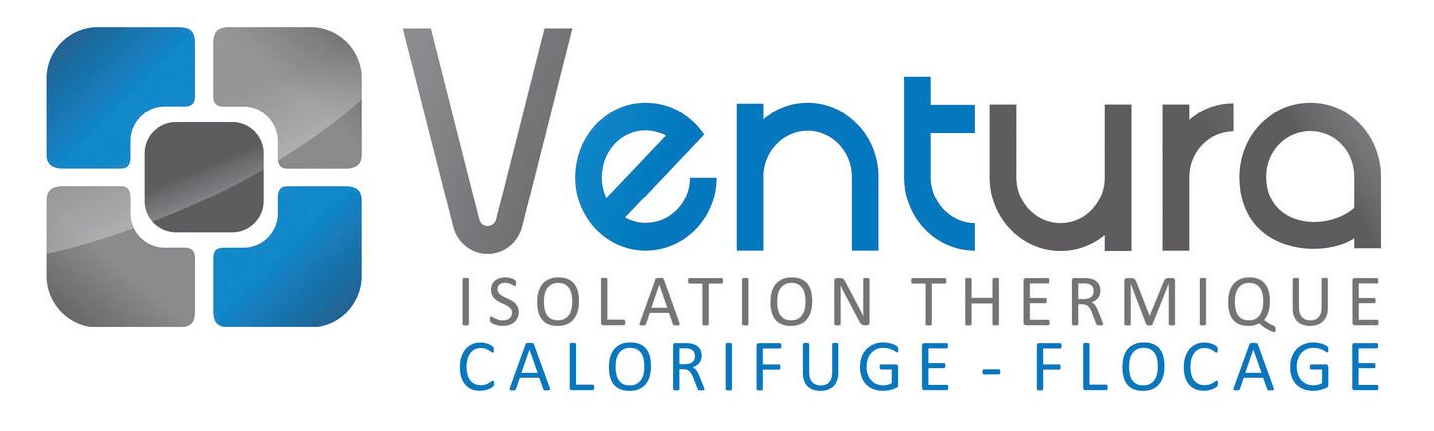 Logo de Ventura avec un graphisme en mosaïque bleu et gris et le texte : Ventura Isolation Thermique Calorifuge - Flocage.