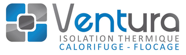 Logo de Ventura avec un graphisme en mosaïque bleu et gris et le texte : Ventura Isolation Thermique Calorifuge - Flocage.