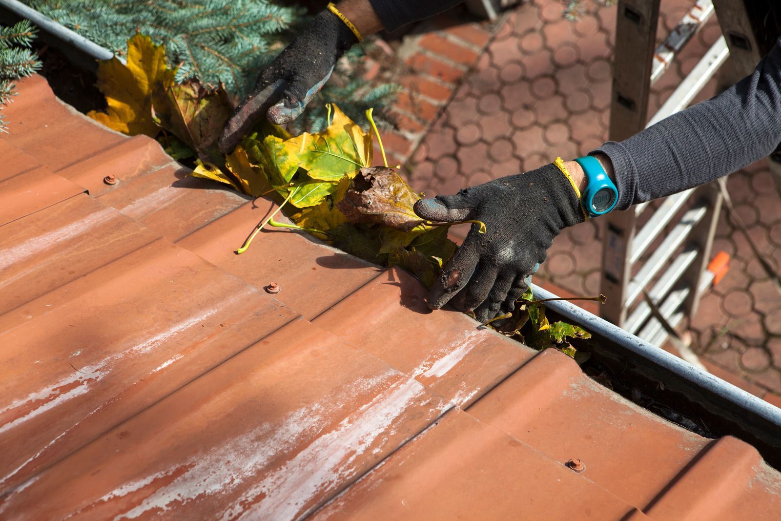 Gloved worker clearing leaves from a terracotta roof gutter with a black hose