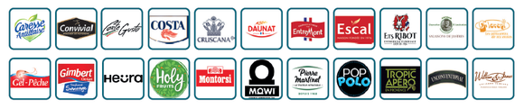 Logos Caresse Antillaise, Convivial, Corte Gusto, Costa, Cruscana, Daunat, Florépi les pâtisseries de  vos envies,  Escal, Ets Birot, Salaisons de Jastres,  Gel Pêche, Gimbert Océan, Heura, Holy Fruits, Montorsi, Mowi, Pierre Martinet Le Traiteur Intraitable Depuis 1968, Pop Polo, Tropic Apéro en Provence, Unconventional, William & James Artisans fumeurs Carentan-les-Marais Normandie.