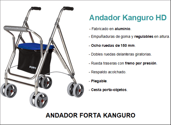 Una imagen de un andador tipo canguro con un asiento azul.