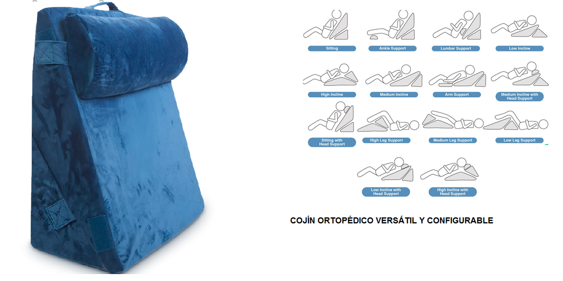 Una almohada azul con una almohada para el cuello adjunta.