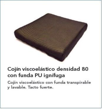 Una imagen de un cojín que dice cojín viscoelástico densidad 80 con funda ignífuga