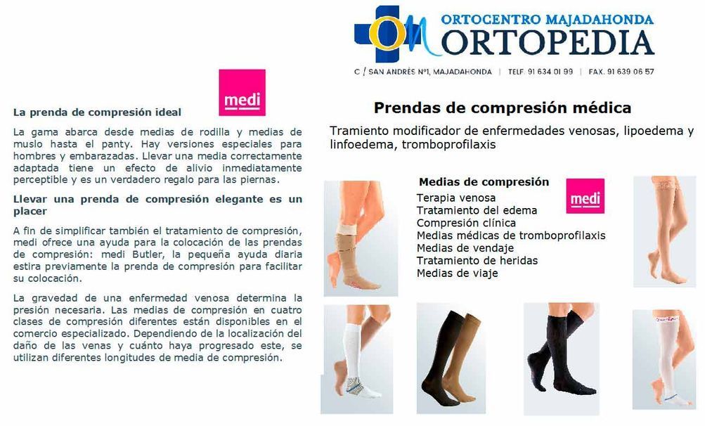 Un folleto de Ortopedia muestra diferentes tipos de medias de compresión.