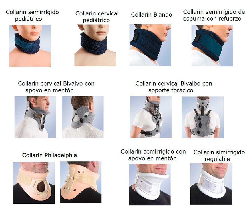 Se muestran varios tipos diferentes de collarines sobre un fondo blanco.