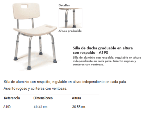 A picture of a silla de ducha graduable en altura con respaldo a190