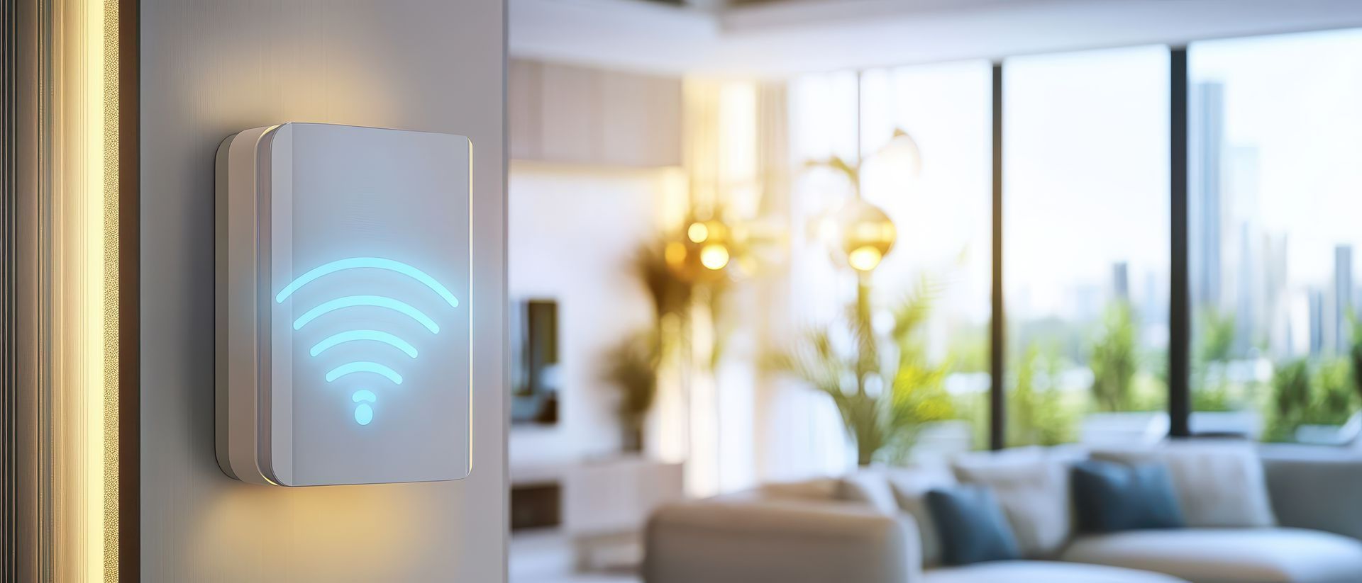 Un boîtier d'alarme sur lequel ressort en surbrillance bleue un logo de Wi-Fi