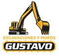Logotipo de excavadora amarillo y negro con el texto "Excavaciones y Muros Gustavo" sobre fondo blanco.