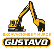 Logotipo de excavadora amarillo y negro con el texto "Excavaciones y Muros Gustavo" sobre fondo blanco.